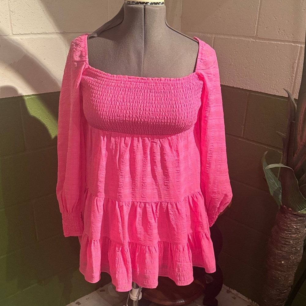 Urban Outfitters Bright Pink Smocked Dress -Medium